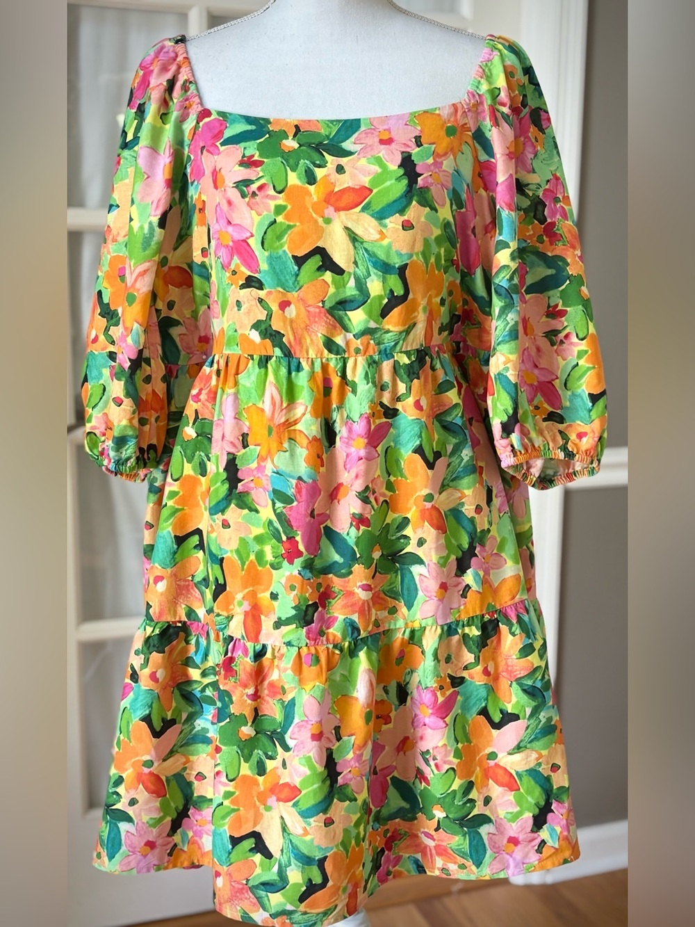 Sanctuary Linen Blend Floral Babydoll Mini Dress L Puff Sleeve Cottagecore